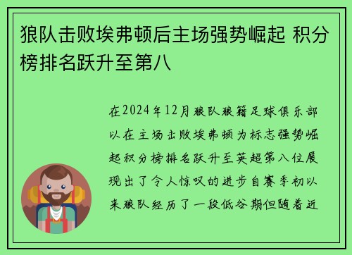 狼队击败埃弗顿后主场强势崛起 积分榜排名跃升至第八