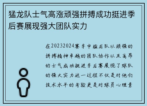 猛龙队士气高涨顽强拼搏成功挺进季后赛展现强大团队实力