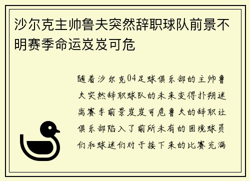 沙尔克主帅鲁夫突然辞职球队前景不明赛季命运岌岌可危