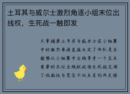 土耳其与威尔士激烈角逐小组末位出线权，生死战一触即发