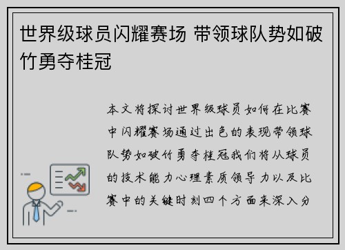 世界级球员闪耀赛场 带领球队势如破竹勇夺桂冠