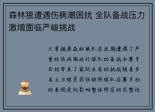 森林狼遭遇伤病潮困扰 全队备战压力激增面临严峻挑战
