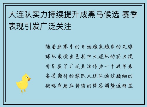 大连队实力持续提升成黑马候选 赛季表现引发广泛关注