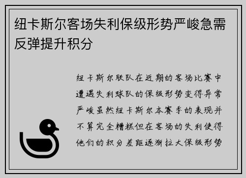 纽卡斯尔客场失利保级形势严峻急需反弹提升积分