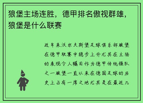 狼堡主场连胜，德甲排名傲视群雄，狼堡是什么联赛